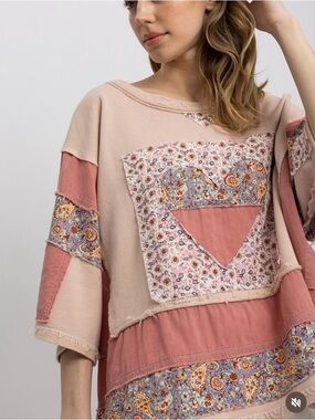 Blue Velvet French Terry & Mixed Print Patchwork Boho Top Size L